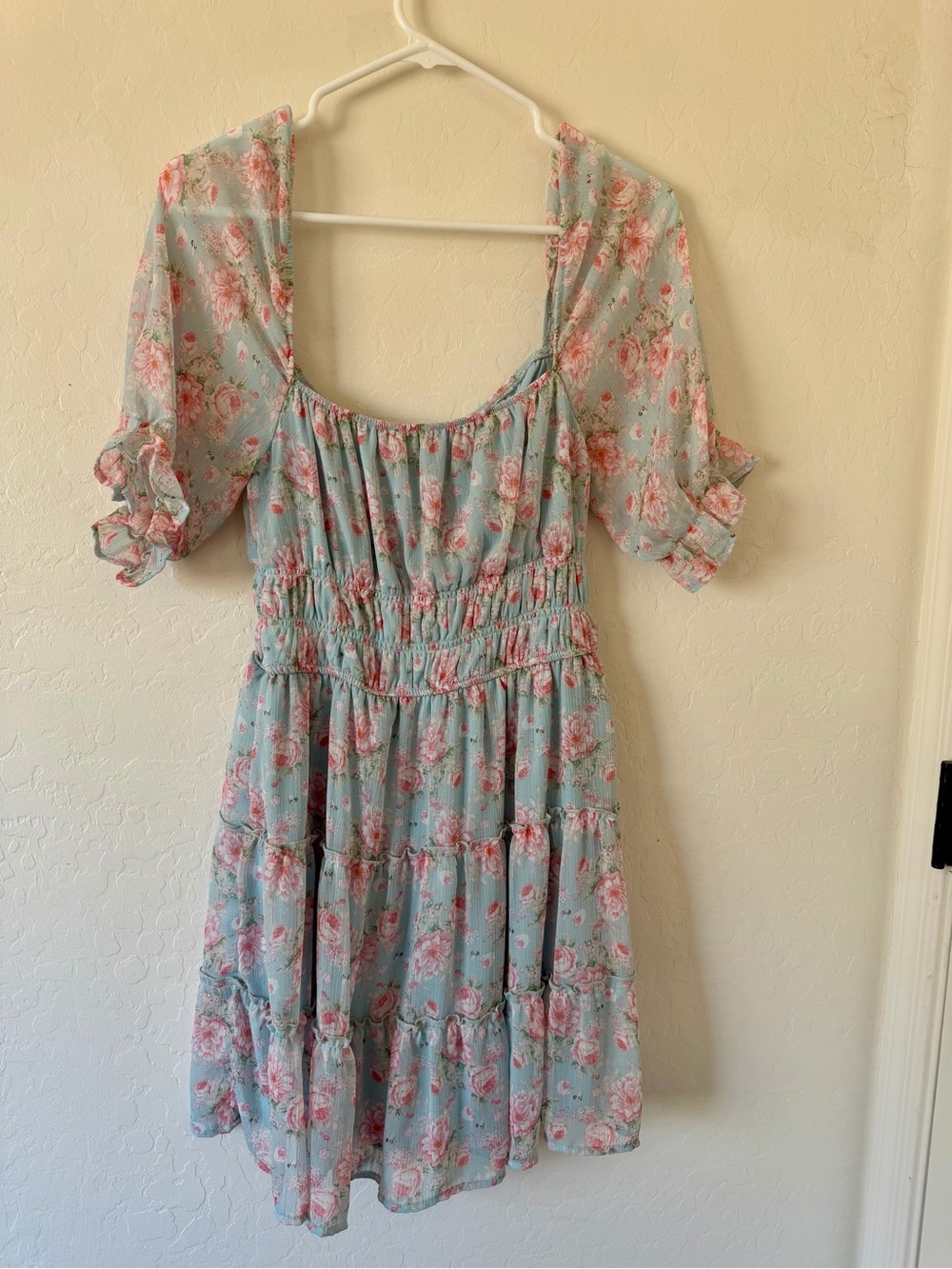 Blue Floral Midi Dress with Pink Roses - Picture 1 of 7
